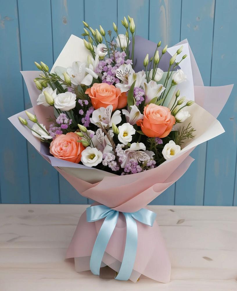 Букет цветов из: Лизиантусы, Розы, Альстромерии и Гипсофила в Хохле