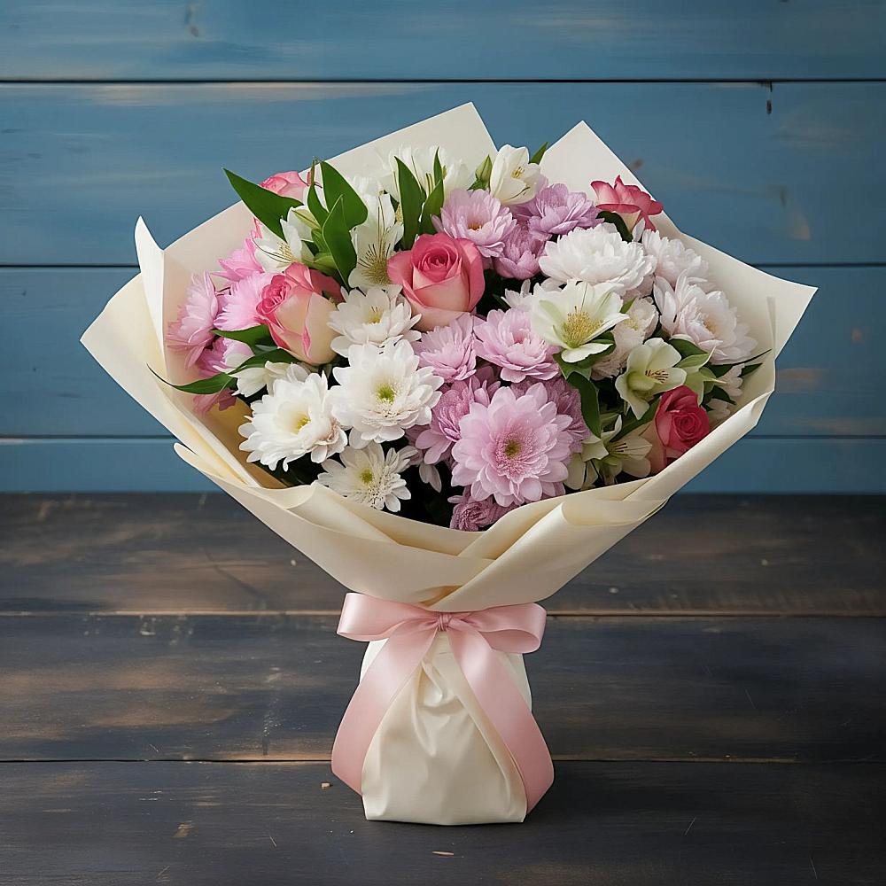 Букет цветов из: Хризантемы, Альстромерии и Розы в Хохле